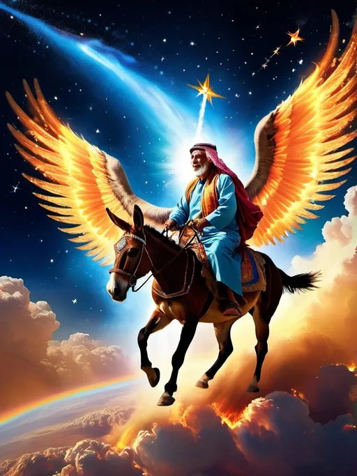 Prompt: An elderly Arabian man riding a mythical flying donkey with majestic wings, soaring out of Earth's atmosphere, flames erupting from the donkey's tail, a mix of terror and determination on the donkey's face, twinkling stars scattered across the cosmic backdrop, Artwork, digital painting with vibrant colors and dynamic brush strokes, --ar 16:9 --v 5