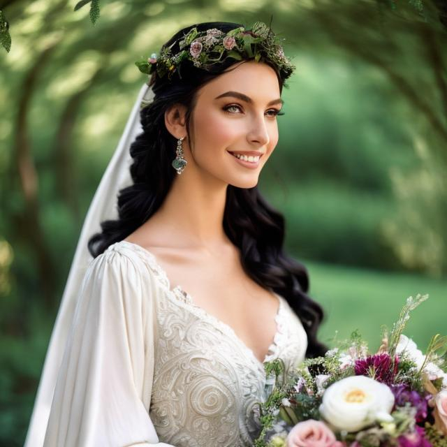 Prompt: " beautiful medieval bride, medium bronze complexion, long black hair, green eyes wearing a beautiful, medieval white wedding dress with flowers in her hair and smiling in a garden."

