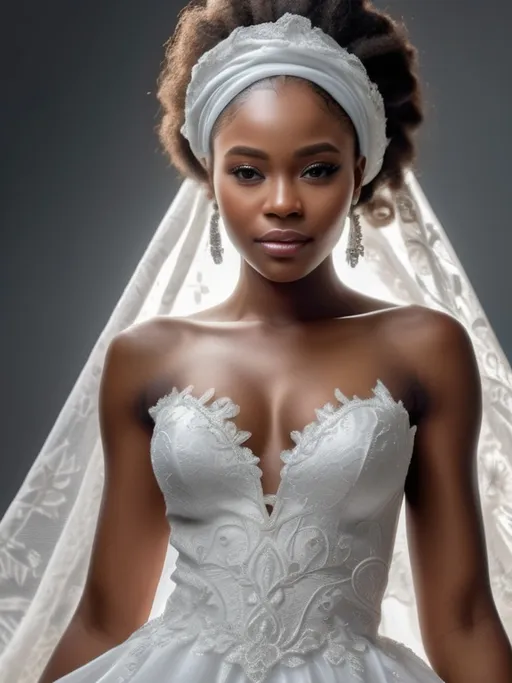 Prompt: From head to toe, this hyper realistic image of a radiant African woman in a white wedding dress is a true work of art. The intricate details of her dress and natural hair are brought to life in stunning HDR, making this 8K image a feast for the eyes.
