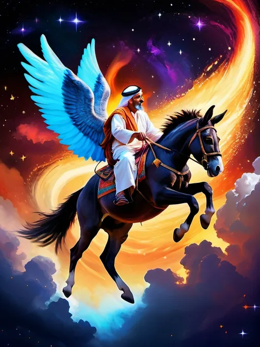 Prompt: An elderly Arabian man riding a mythical flying donkey with majestic wings, soaring out of Earth's atmosphere, flames erupting from the donkey's tail, a mix of terror and determination on the donkey's face, twinkling stars scattered across the cosmic backdrop, Artwork, digital painting with vibrant colors and dynamic brush strokes, --ar 16:9 --v 5