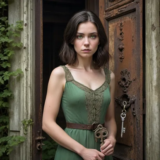 Prompt: A woman in her late 20s, with shoulder-length dark hair and green eyes, wearing a simple yet elegant dress, stands in front of a rusty, old door of the mansion. She holds a large, antique key in her hand, her expression a mix of curiosity and fear. Overgrown vegetation surrounds her.