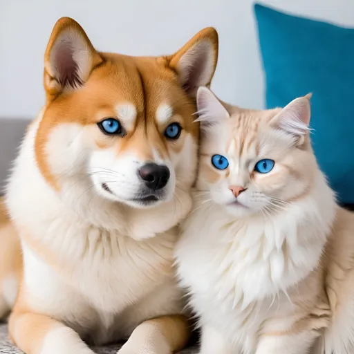 Prompt: Create a photo with an shiba inu named sparky and a white siberian cat with blue eyes named Luna who are best friends and play or cuddle