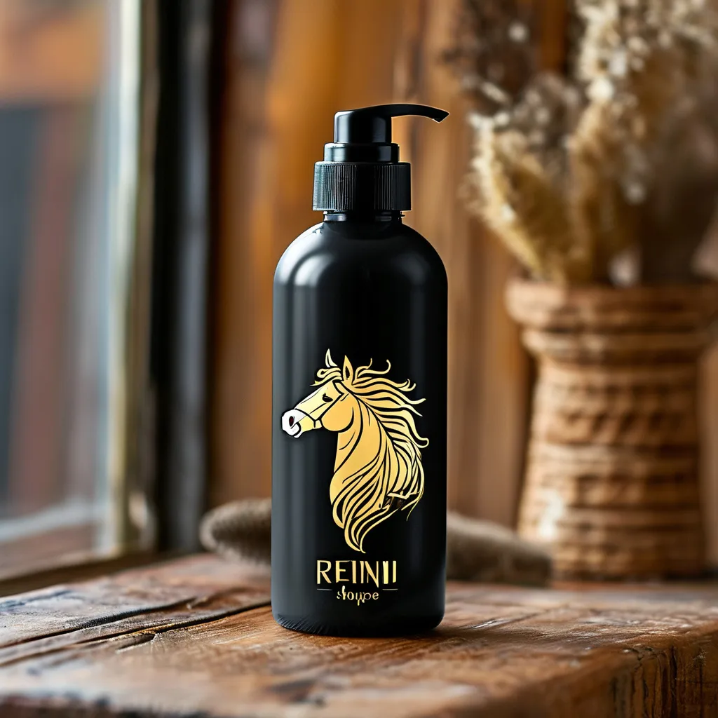 Prompt: REIN shampoo bottle photoshoot on a wooden table. The bottle is black, with a gold outline horse head with shining, long, strong hair logo, and REIN in ITC Benguiat font.