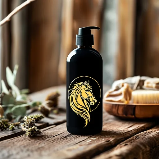 Prompt: REIN shampoo bottle photoshoot on a wooden table. The bottle is black, with a gold outline horse head with shining, long, strong hair logo, and REIN in ITC Benguiat font.