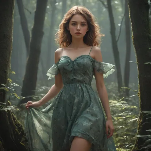 Prompt: Animation art of a girl in a forest in a beautiful dress