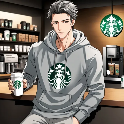 Prompt: Anime, handsome man, casual outfit, the grey sweatpants, starbucks, grey hoodie, drinking coffee