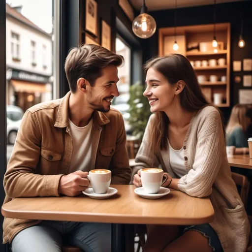 Prompt: Couple sharing a coffee in a quaint café, realistic photo style, warm and inviting.