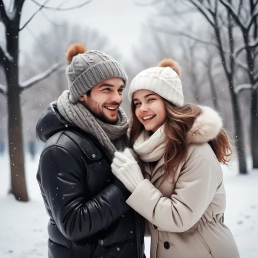 Prompt: Couple enjoying a snowy day, realistic photo style, winter clothes, playful and cozy.