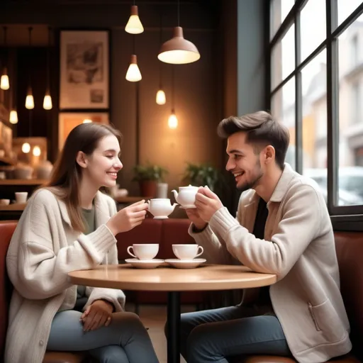 Prompt: Couple sharing Tea in a café, realistic photo style, warm and inviting.