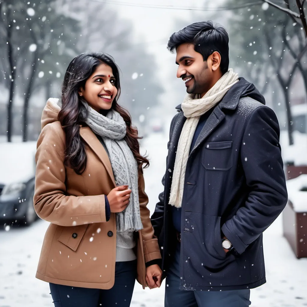 Prompt: Indian Office Couple enjoying a snowy day, realistic photo style, winter clothes, playful and cozy.