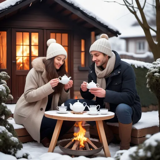 Prompt: Couple sharing Tea in a Home Garden In small wooden Fire,
realistic photo style, In Winter seasion 