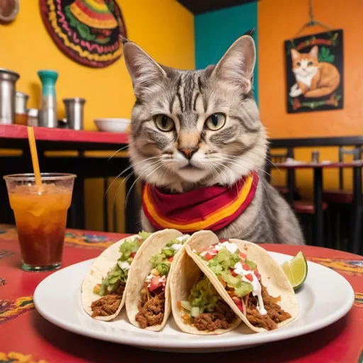 Prompt: An cat eating yummy Tacos in a mexican themed restaurant