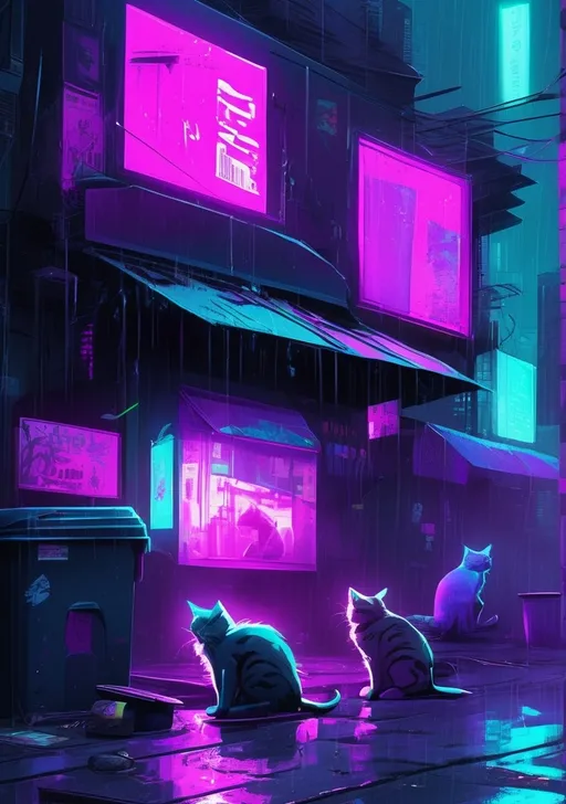 Prompt: a cyberpunk city view at night time when it's raining. there are a lot of neon signs on the buildings. 2 stray cats are next to a trash bin, looking for food. use cyan magenta purple colors.