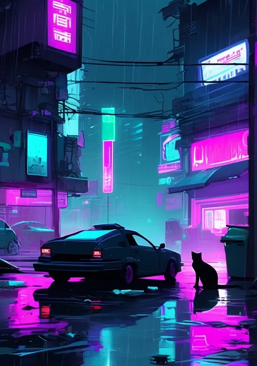 Prompt: a raining cyberpunk city view at night time with a car parked by the road and there are a lot of neon signs on the buildings. 2 stray cats are next to a trash bin, looking for food. use cyan magenta purple colors.