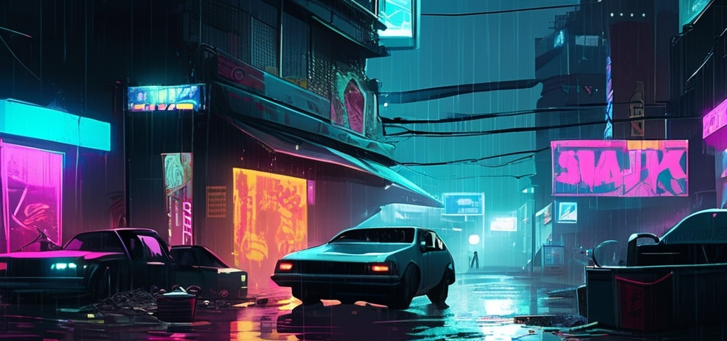 Prompt: a cyberpunk city view at night time and it's raining. there are a lot of neon signs and cars, there are also 2 stray cats next to a dumpster