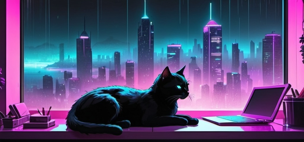 Prompt: a black cat sleeping on the computer desk in front of a big window, where you see the raining city view in a cyberpunk environment.  use pink, cyan, purple neon lights. 