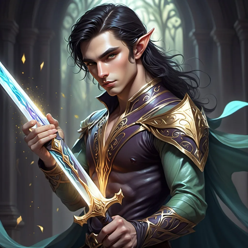 Prompt: male elf, dark hair, a dancer's body, light skin with a kiss of gold, dark hair, light amor using cool colors, chest lightly exposed, wielding a magic sword