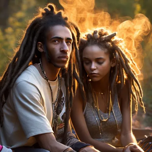 Prompt: A 13 year old African American skinny, handsome big eyed Elf boy with a short Mohawk of dreads sits with his girlfriend, a 13 years old big eyed Elf girl with a thick Afro dressed as mid eval peasants. 
She lays comfortably in his lap as the two of them stare relaxed, yet adventurously into a campfire as she smokes a joint. The background is a tent filled with bows and bags of stolen goods. It is night.