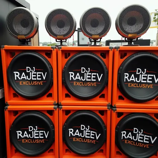 Prompt: A striking array of sound equipment dominates the scene, showcasing large, orange speaker cabinets stacked vertically, each prominently labeled with "DJ RAJEEV EXCLUSIVE." The speakers are set against a backdrop that hints at an outdoor environment, possibly preparing for an event or performance. Above the speakers, several round, mesh-covered lights are fixed, suggesting an emphasis on both audio and visual elements. The overall composition features a symmetrical arrangement, drawing attention to the branding while hinting at a vibrant atmosphere ready for music and celebration. The image captures a lively, energetic mood, evoking excitement for an upcoming event.