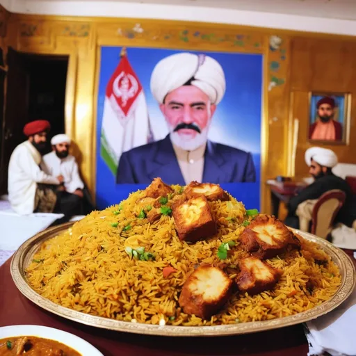 Prompt: a big golden plate of Kabuli Pulao and afghani tikka in Quetta with a picture of General musa khan on the wall in background