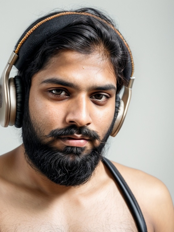 Prompt: a man with a beard wearing headphones on his head and looking at the camera with a serious look on his face, Anthony Devas, samikshavad, jayison devadas, a picture