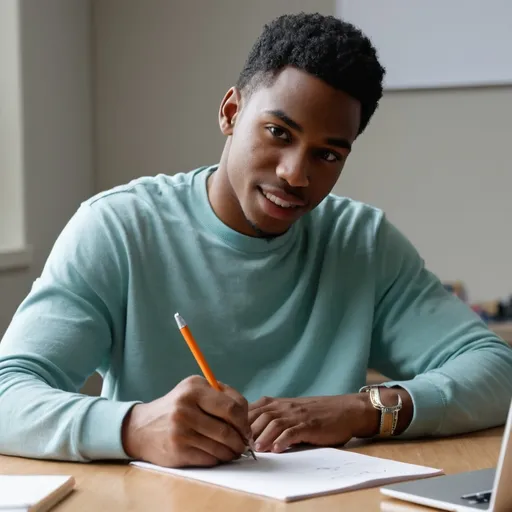 Prompt: I'm writing a promotional video for my nonprofit organization. It's bright and positive. I want to show a black young man writing a numbered list. The title at the top of the page says, How to Get My CDA®. Then underneath it says Step 1 and then Step 2, which are both blank.