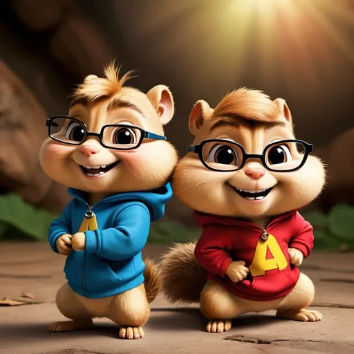 Prompt: Detailed digital painting of Alvin and the Chipmunks, realistic fur textures, lively and vibrant expressions, high-quality digital art, cartoon style, colorful and energetic, dynamic poses, studio lighting, joyful and playful atmosphere