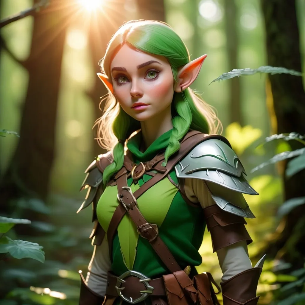 Prompt: Elf ranger in a mystical forest around sunlight