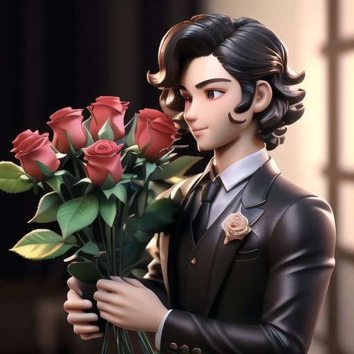 Prompt: guy with short wavy hair holding roses

