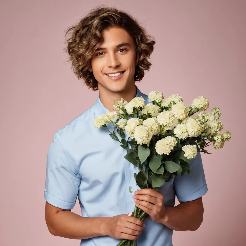 Prompt: guy with short wavy hair holding flowers

