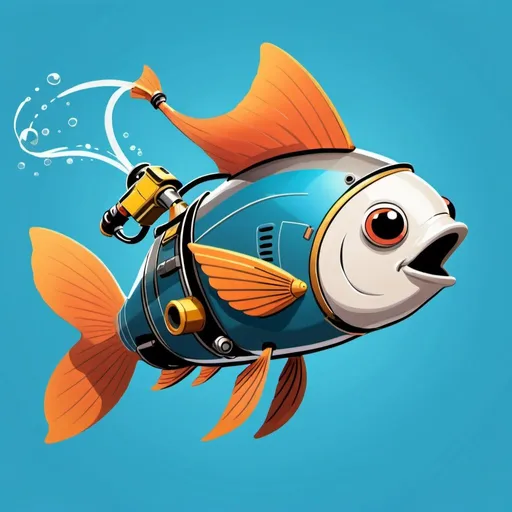 Prompt: Flying Fish with a Jetpack: A cartoon fish with a simple jetpack strapped to its back, soaring through the air.