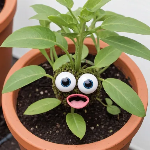 Prompt: Plant with Googly Eyes: A potted plant with googly eyes peeking over the rim. You can add a tongue sticking out for extra quirkiness.
