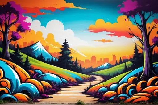 Prompt: create a landscape graffiti with vibrant colors
