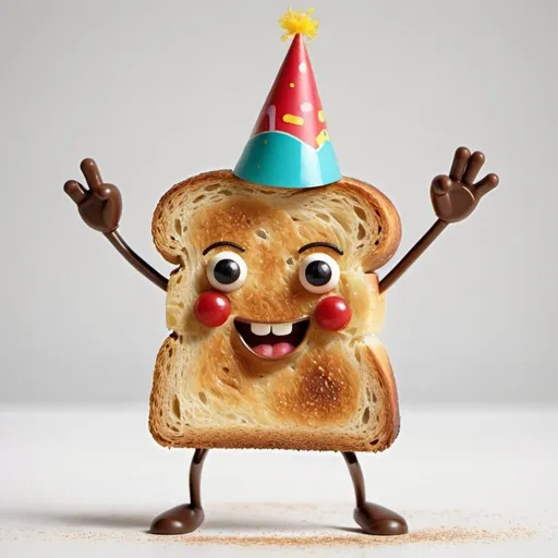 Prompt: Dancing Toast Slice: A slice of toast with arms and legs, doing a funky dance move. You can even give it a party hat for extra fun.