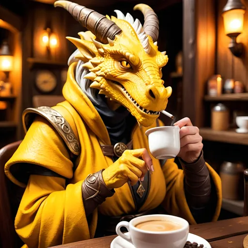 Prompt: hyper-realistic aging yellow Dragonborn female sorcerer character smoking cigarette and holding coffee pot, fantasy character art, illustration, dnd, warm tone, tavern