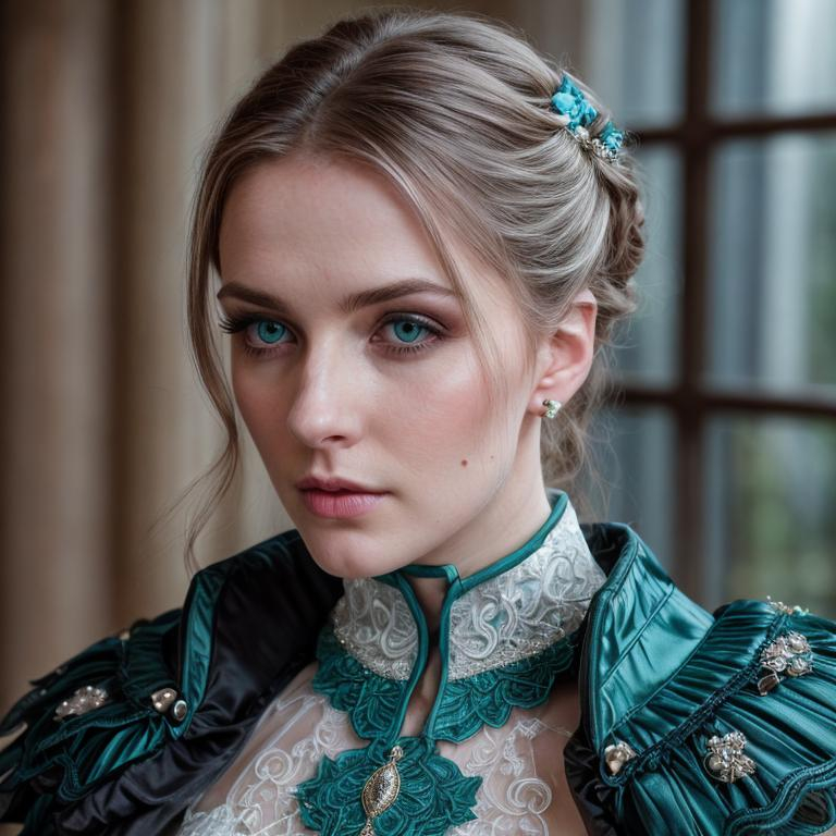 Prompt: adult female, pale skin, one blue eye, one green eye, blondish brown hair pulled back loosely, sculpted features, ultra high resolution, 8k, high octane render, dynamic lighting, photo realistic, ultra realistic, victorian wedding dress, moles scattered on face, outside