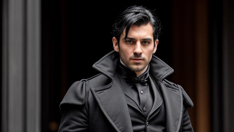 Prompt: Adult male, about 25, green eyes, jet black hair, ultra high resolution, 8k, high octane render, dynamic lighting, photo realistic, ultra realistic, victorian clothing, five o'clock shadow