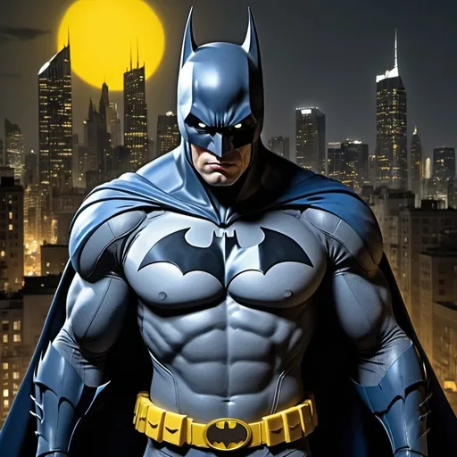 Prompt: Batman in blue and grey with the yellow ovel on the chest with the bat symbol in the front