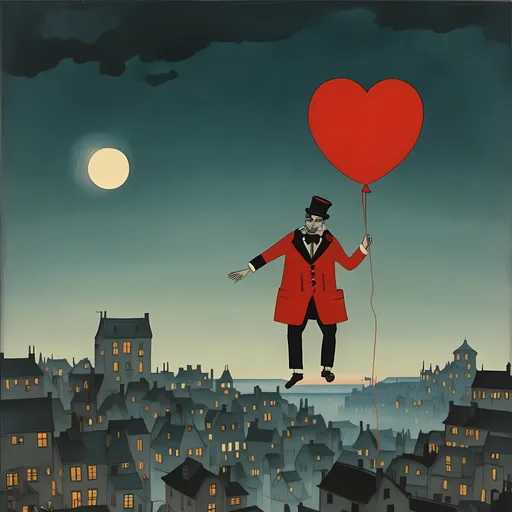 Prompt: <mymodel>Man hanging from heart-shaped balloon, full moon in the background, ground full of coins, highres, detailed, surreal, romantic, dreamy, fantasy, whimsical lighting, floating, heartwarming, atmospheric, illustration, red balloon, shiny coins, full moon, large moon