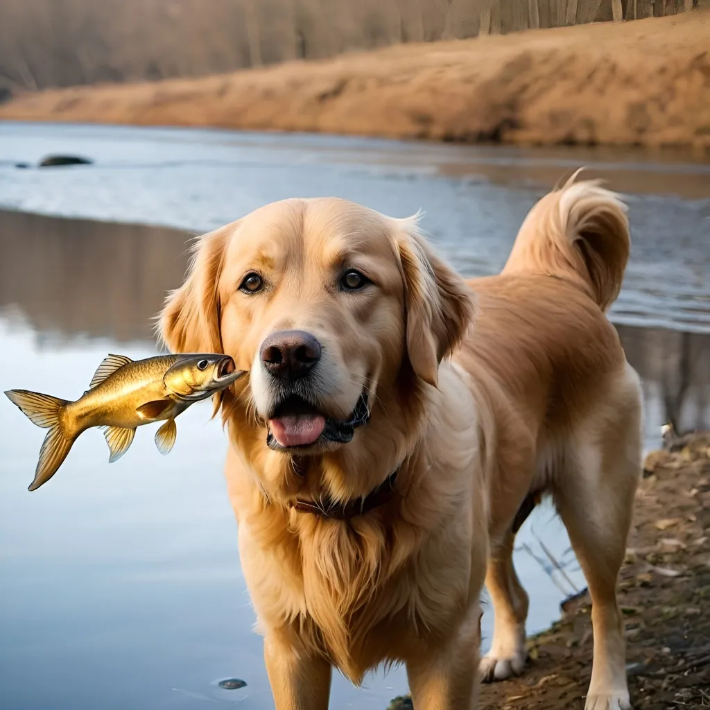 Prompt: A golden retiever with a fish in its mouth next to a river