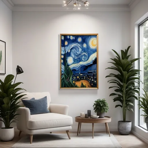 Prompt: The photo of starry nights painting is placed on the white wall and a plant is used in a large pot on the lower right corner of the wall and a painting is used mirror on the left and right side.