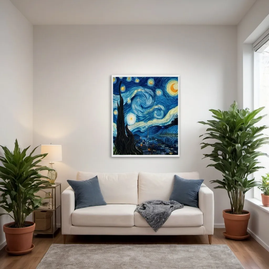 Prompt: The photo of starry nights painting is placed on the white wall and a plant is used in a large pot on the lower right corner of the wall and a painting is used mirror on the left and right side.