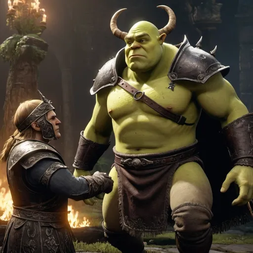 Prompt: make a Elden ring boss fight battle but as characters use Dreamwork studio's character like shrek or what ever