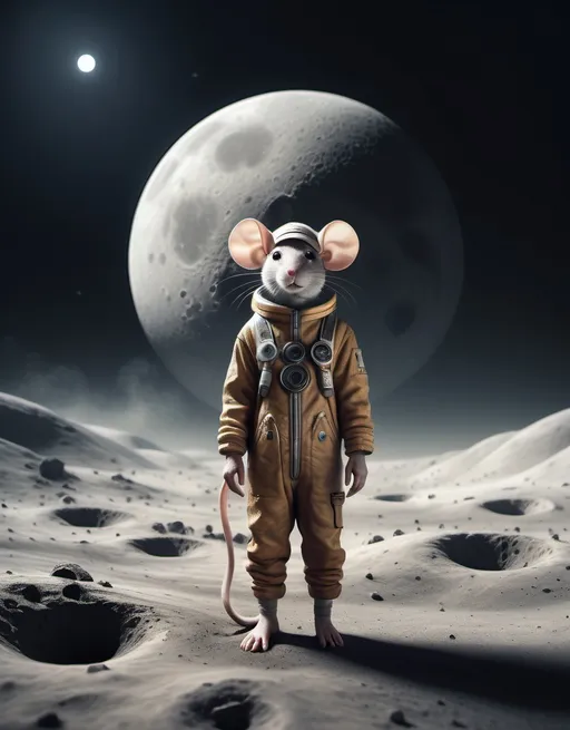 Prompt: A 3D realistic combination of a human and a mouse with the human wearing primitive clothing, set on the surface of the moon. The image should have side lighting, a simple background, and a surreal, minimalistic, and misty atmosphere.