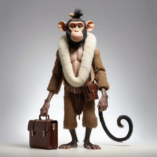 Prompt: A surreal image of a human-shaped creature resembling a cow with a monkey-like tail, dressed in primitive human clothing, and a body covered in monkey fur. The creature is holding a briefcase, standing in a minimalistic setting with a simple, white, misty background. The lighting is from the front.