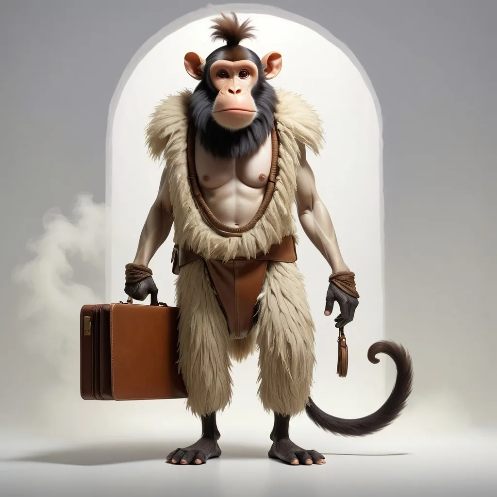 Prompt: A surreal image of a human-shaped creature resembling a cow with a monkey-like tail, dressed in primitive human clothing, and a body covered in monkey fur. The creature is holding a briefcase, standing in a minimalistic setting with a simple, white, misty background. The lighting is from the front.