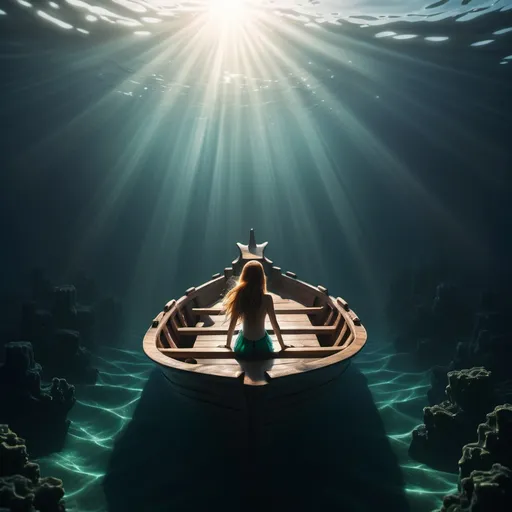 Prompt: A single-passenger wooden boat in the depths of the sea and ocean, with a girl in the form of a mermaid sitting in the center of the boat, her face shown from the front. Sunlight beams from the surface of the water into the sea. The image should be 3D, minimalistic, and surreal, with a misty atmosphere. The image should be wide.