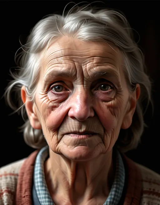 Prompt: A 3D realistic portrait of an elderly rural woman, viewed from the front, with a 50mm prime lens and dramatic front lighting. The background should be simple, minimalistic, resembling a studio portrait style.