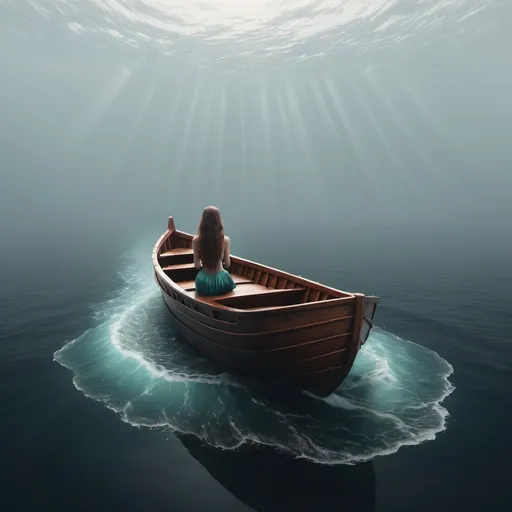 Prompt: A single-passenger wooden boat in the middle of the sea and ocean, with a girl in the form of a mermaid sitting in the center of the boat. The image should be 3D, minimalistic, and surreal, with a misty atmosphere.