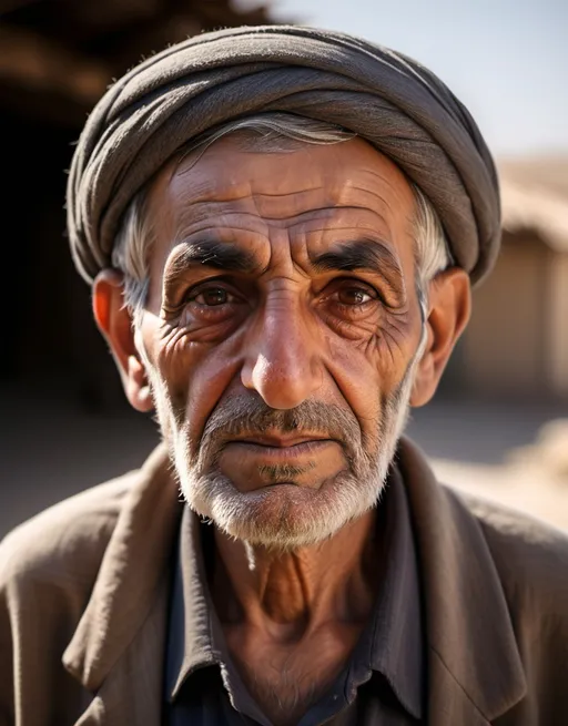 Prompt: A 3D realistic portrait of an elderly Iranian rural man, viewed from the front, with a 50mm prime lens and dramatic front lighting. The background should be simple, minimalistic, resembling a studio portrait style.